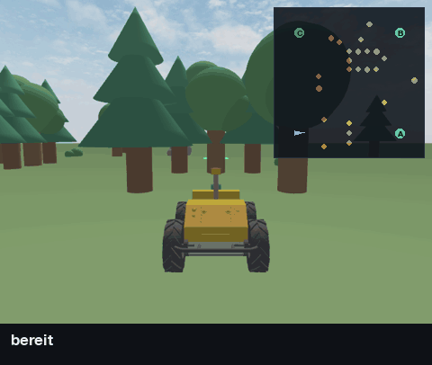 The yellow rover drives through the forest course in Gazebo, with a minimap of waypoints A, B and C in the corner and a status bar below